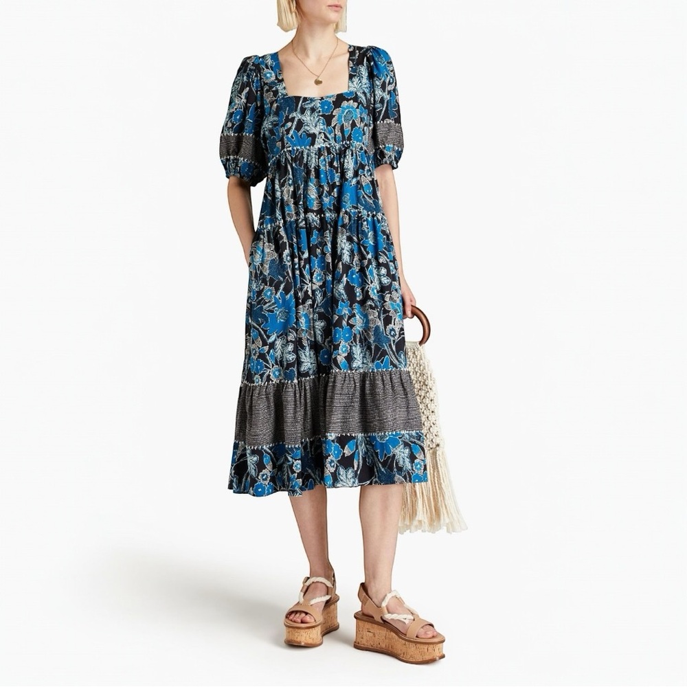 ULLA JOHNSON Nora Gathered Floral Print Cotton-Blend Midi Dress